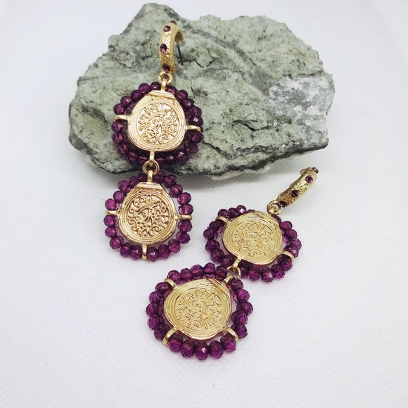 NEW Zara Purple Beaded Gold Coin Drop Earrings - Picture 4 of 4